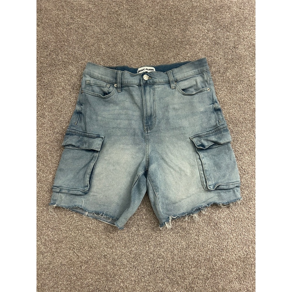 DKNY Jeans Cargo Denim Shorts Womens 8/29 Blue Excellent Raw Hem Utility
